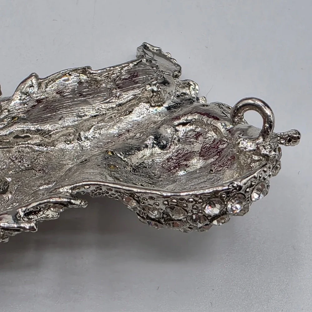 Silver Tone Rhinestone Sitting Cat‎ Pendant Brooch Long Popcorn Chain Necklace